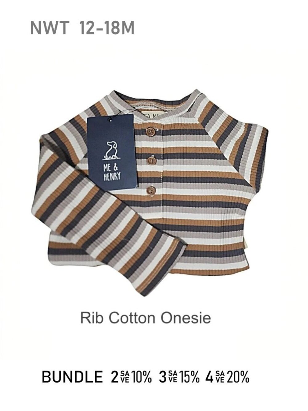 NWT - Multi Stripe Rib Long Sleeve Cotton Onesie Size 12/18M
